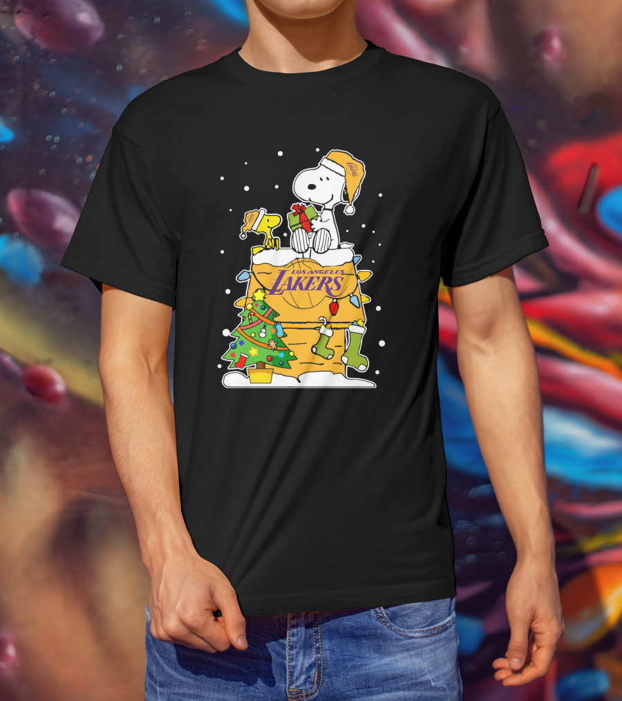Los Angeles Lakers Snoopy Christmas With Woodstock And Santa Hats T-Shirt