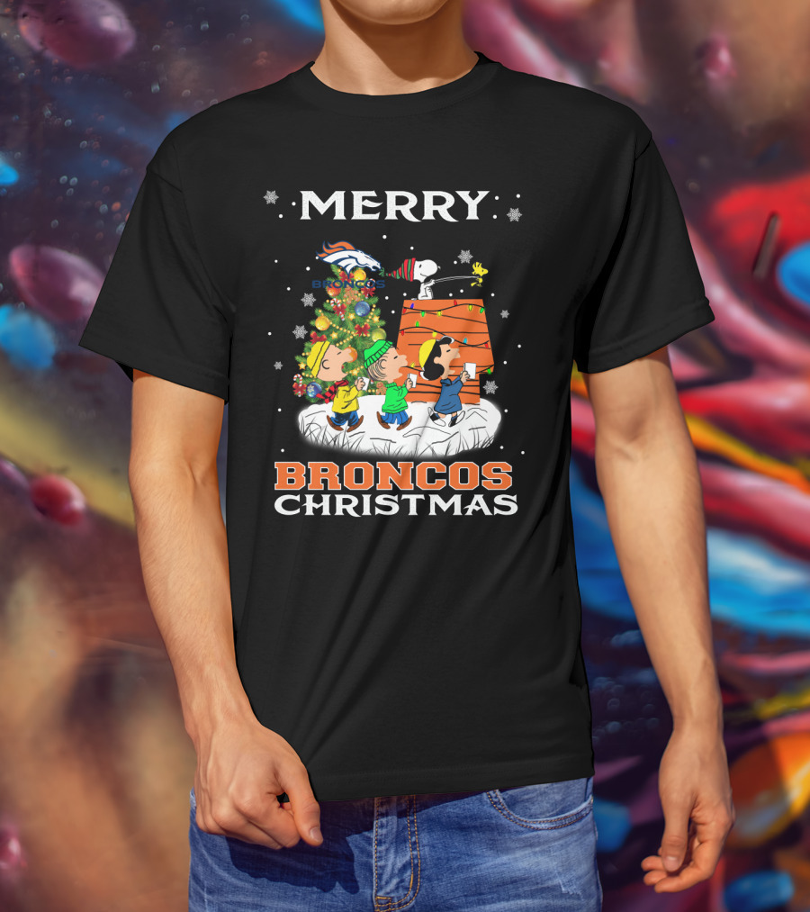 Merry Broncos Christmas Snoopy Fans Denver Christmas Tree Peanuts T-Shirt