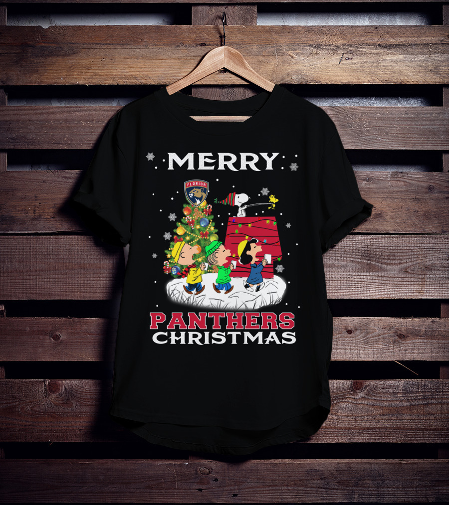 Merry Florida Panthers Christmas For Snoopy Fans With Charlie Brown And Woodstock T-Shirt