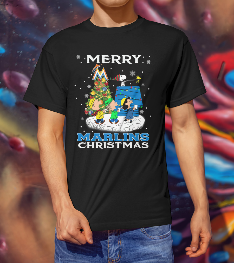 Merry Miami Marlins Christmas With Snoopy And Peanuts Characters T-Shirt