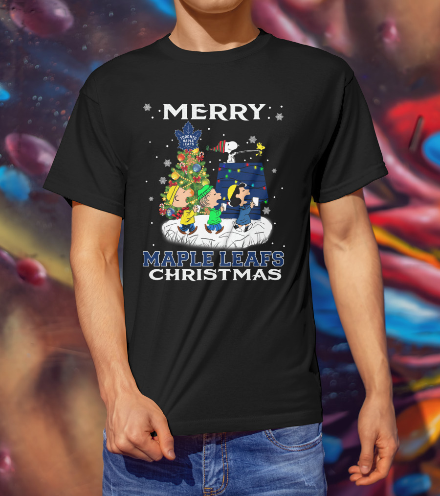 Merry Toronto Maple Leafs Christmas Snoopy And Friends Singing By Tree T-Shirt