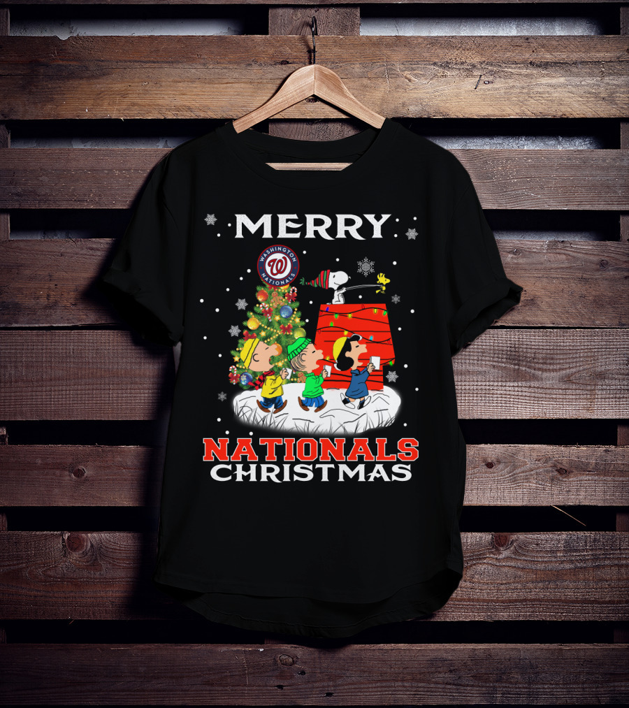 Merry Washington Nationals Christmas Snoopy With Tree And Snowflakes T-Shirt