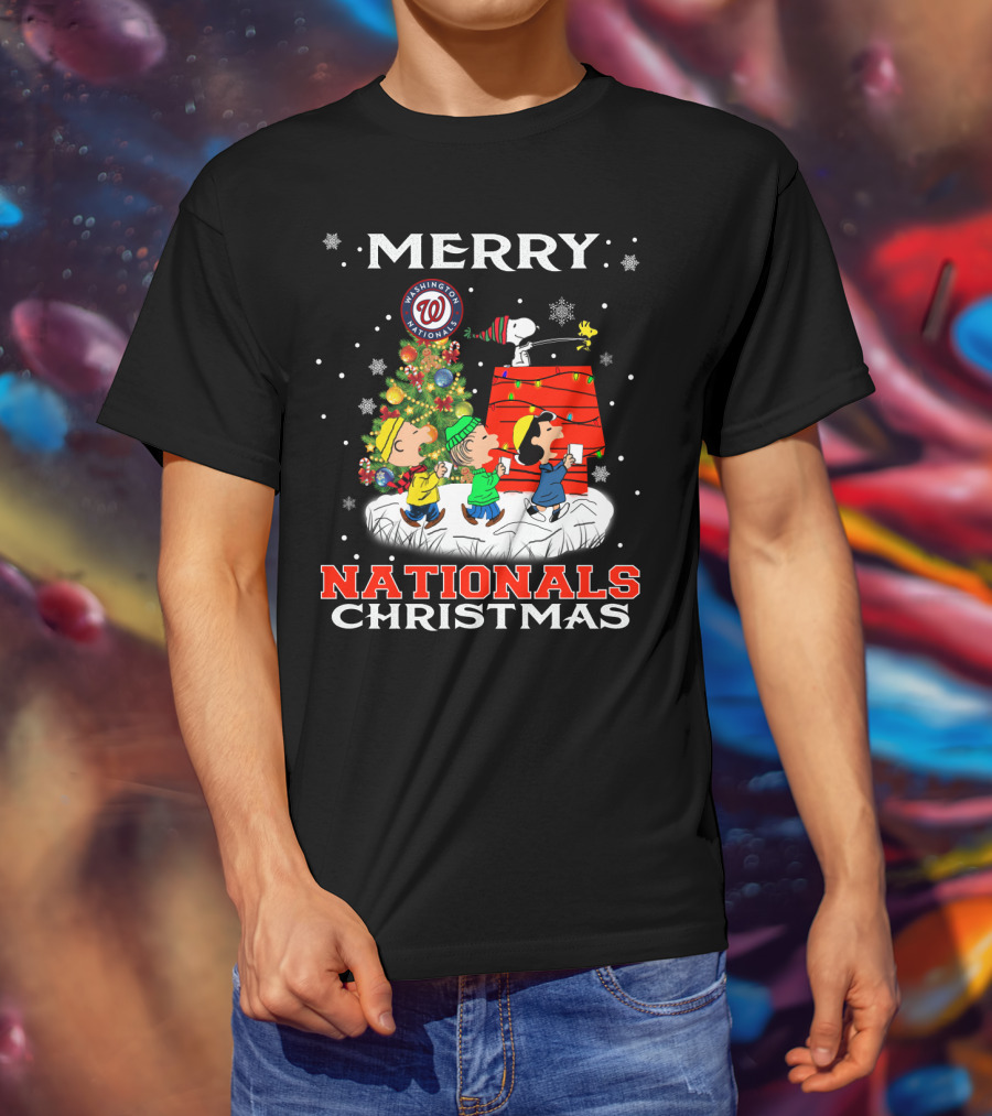 Merry Washington Nationals Christmas Snoopy With Tree And Snowflakes T-Shirt