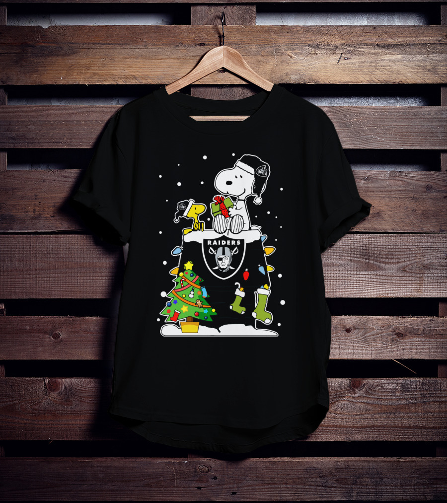 Raiders Snoopy With Christmas Tree And Woodstock T-Shirt