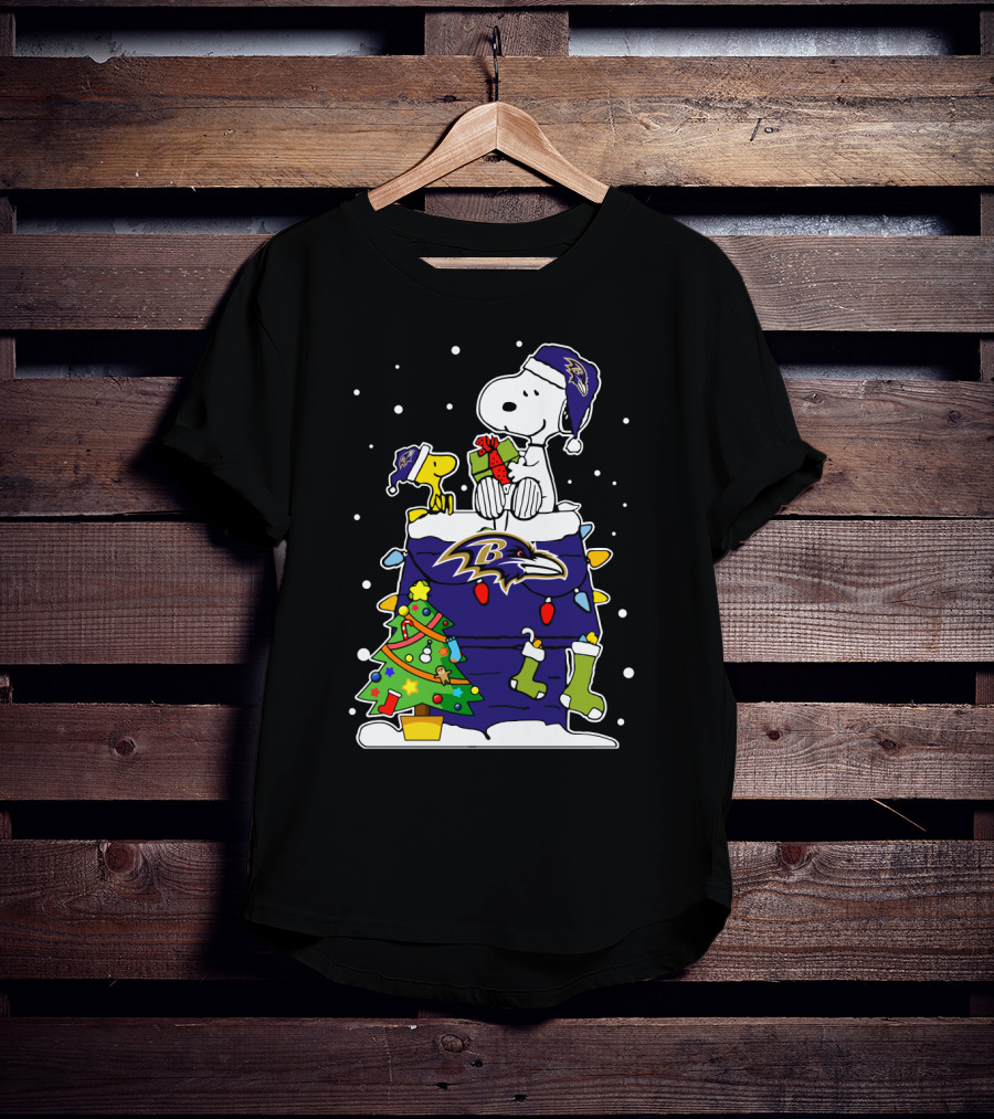 Baltimore Ravens Snoopy And Woodstock Christmas Tree Celebration T-Shirt