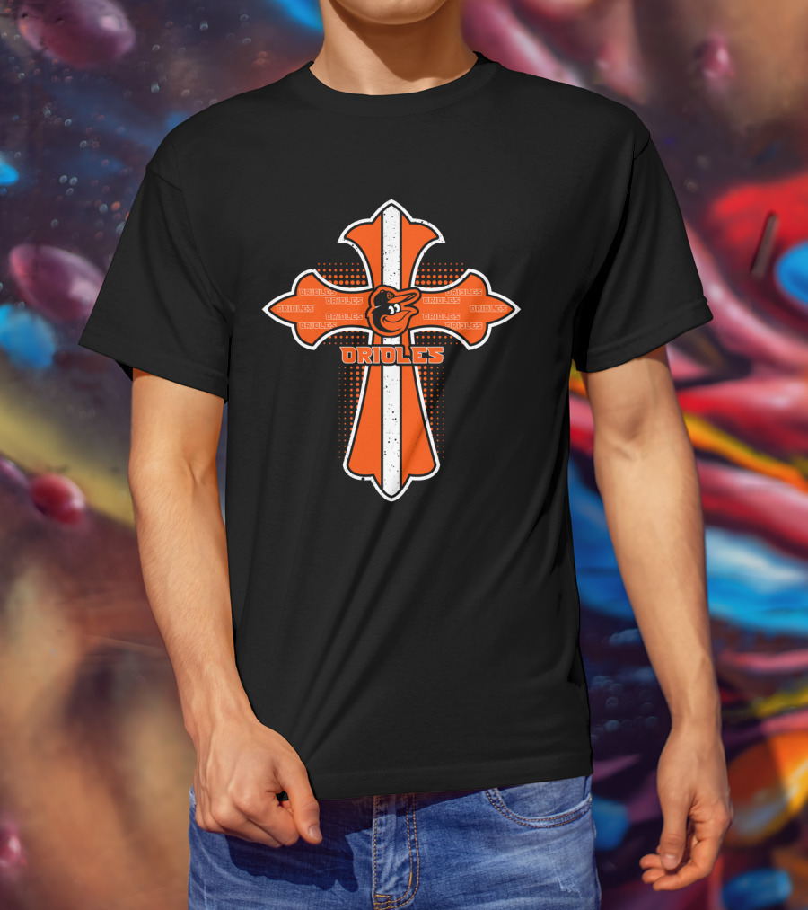 Cross Design Featuring Orioles Text And Mascot T-Shirt