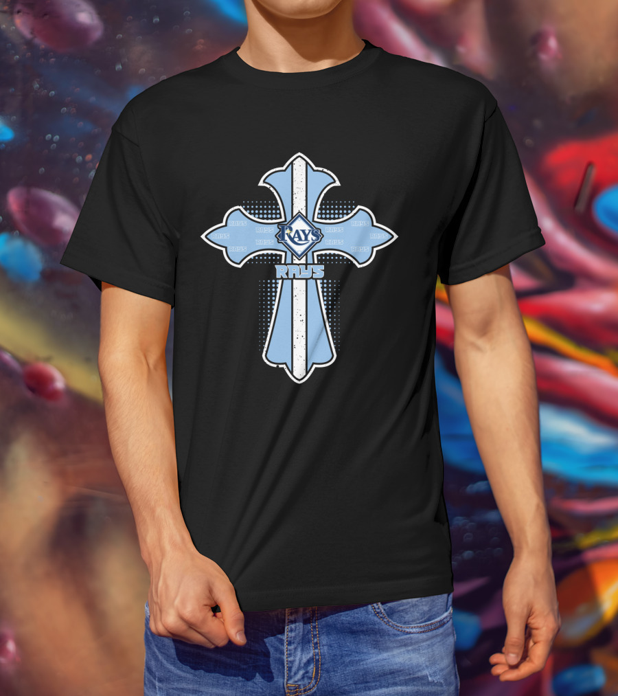 Rays Cross Design Featuring Tampa Bay Rays Text And Logo On Blue Cross T-Shirt