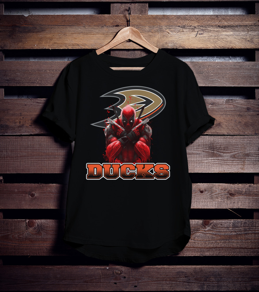 Anaheim Ducks And Deadpool Mashup Featuring Iconic Logo And Comic Character T-Shirt