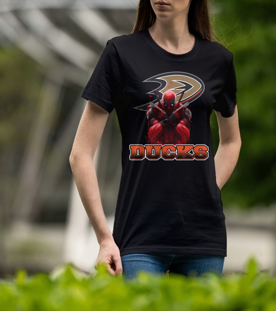 Anaheim Ducks And Deadpool Mashup Featuring Iconic Logo And Comic Character T-Shirt