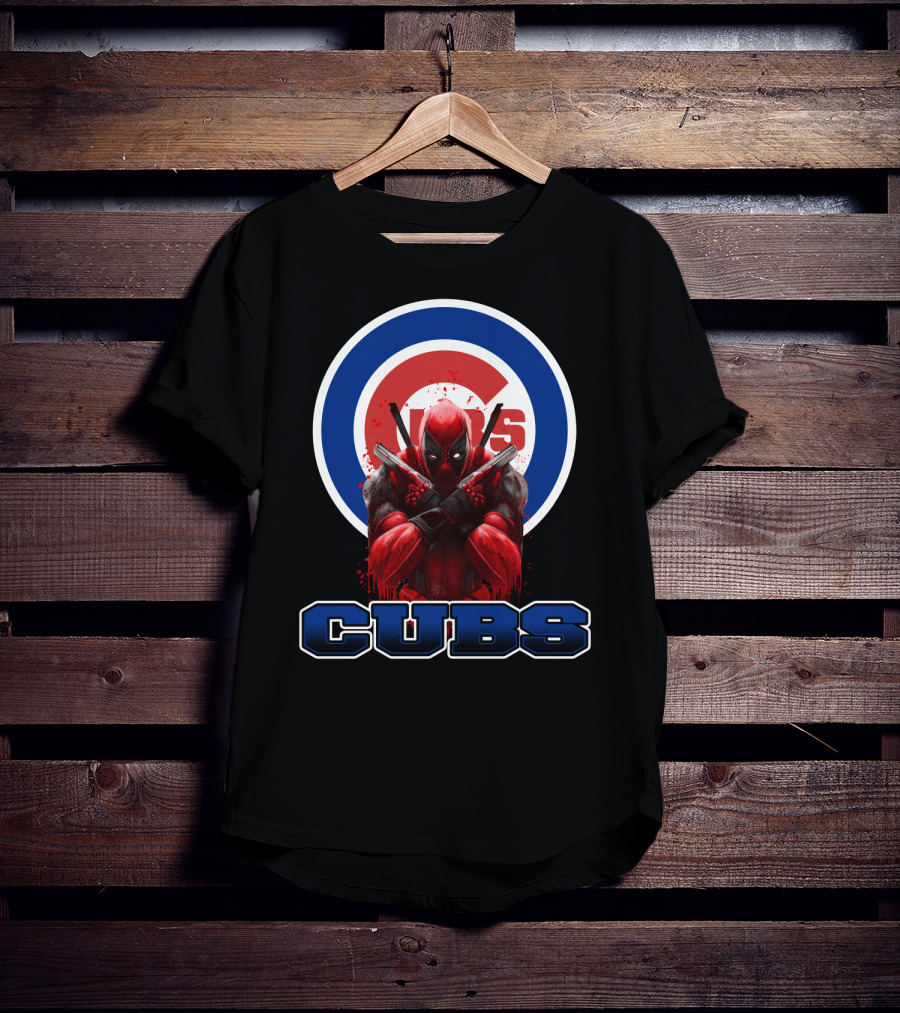 Deadpool With Crossed Swords Over Chicago Cubs Logo CUBS Text T-Shirt