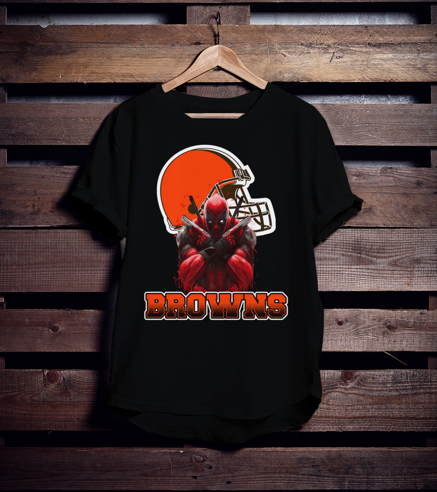Cleveland Browns And Deadpool Crossover With Iconic Helmet And Character T-Shirt