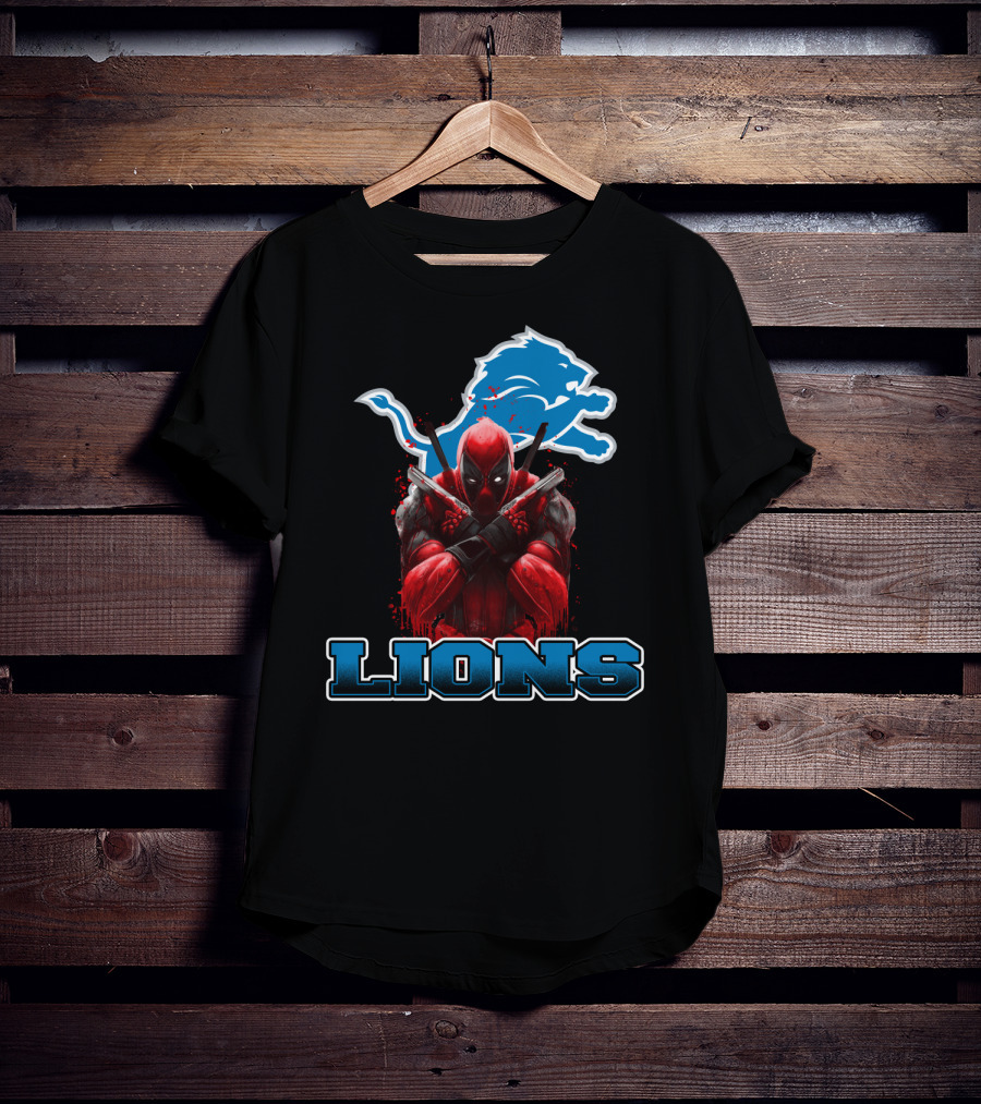 Detroit Lions Deadpool Crossover Fans Blue Lion T-Shirt