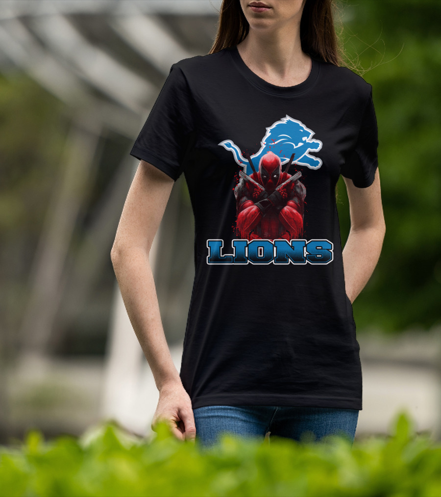 Detroit Lions Deadpool Crossover Fans Blue Lion T-Shirt