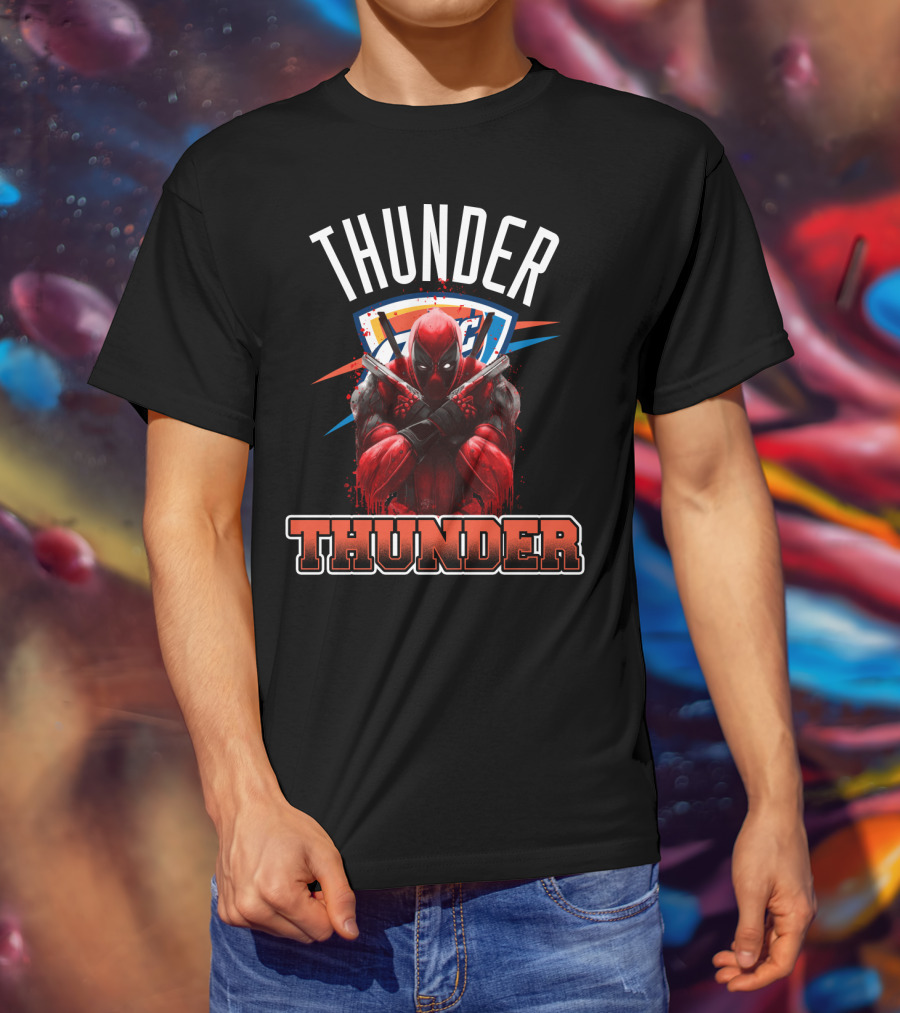 Thunder Crossover With Iconic Marvel Character On Oklahoma City Background T-Shirt