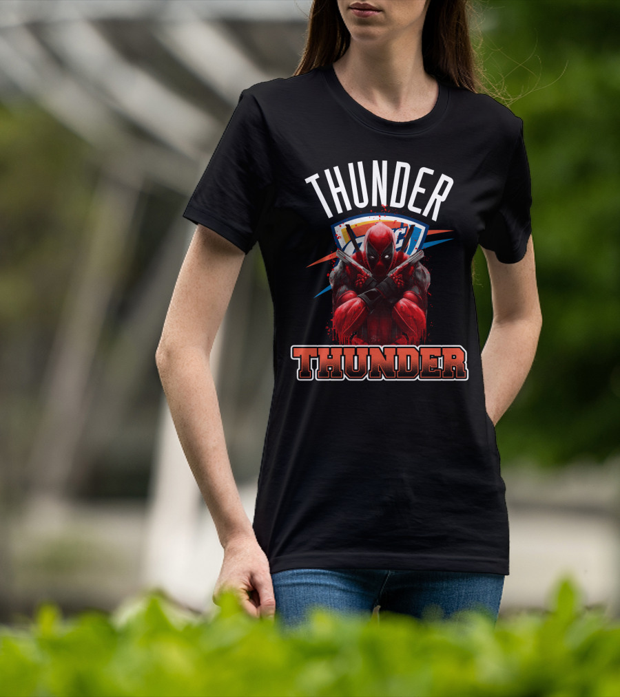 Thunder Crossover With Iconic Marvel Character On Oklahoma City Background T-Shirt