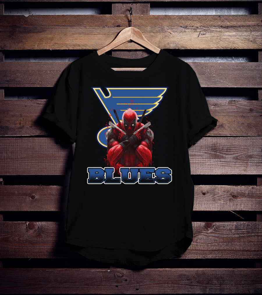 St. Louis Blues And Deadpool Crossover Fan Art With Iconic Blue And Yellow Hockey T-Shirt
