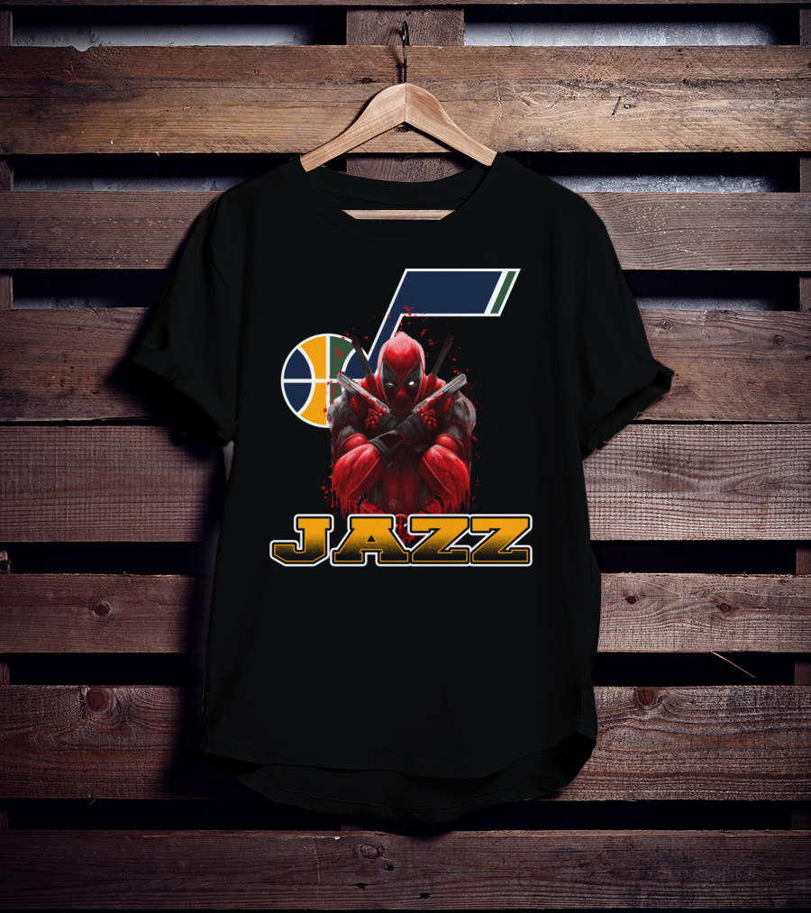 Utah Jazz NBA Logo With Deadpool Character Crossover For Fans T-Shirt