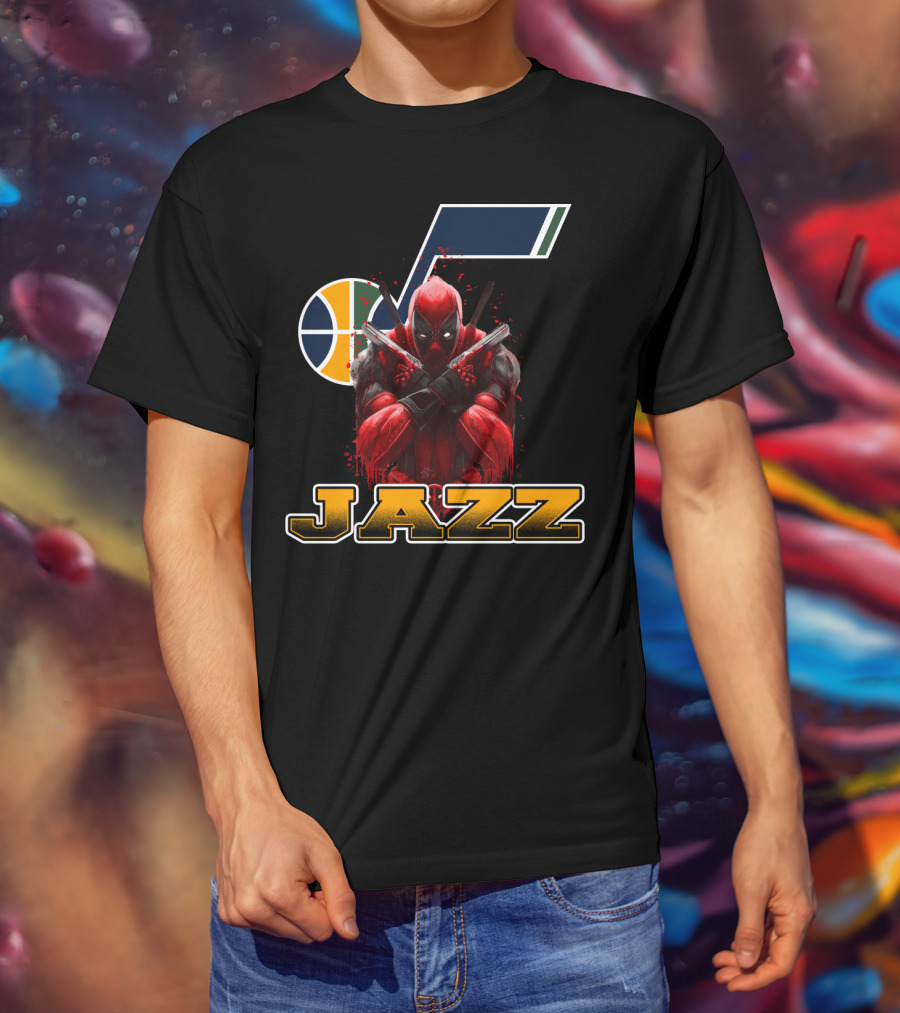 Utah Jazz NBA Logo With Deadpool Character Crossover For Fans T-Shirt
