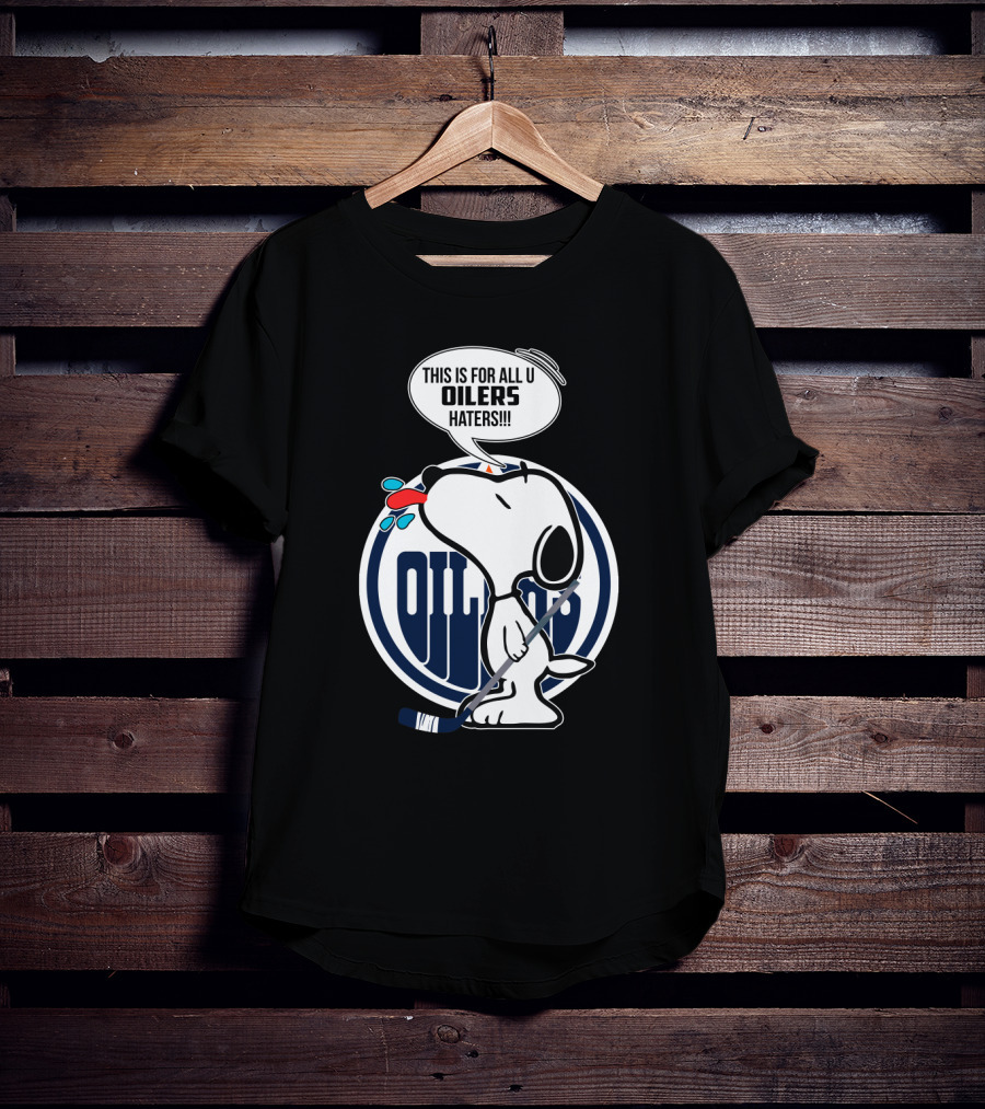 Snoopy Hockey Stick Edmonton Oilers Logo Haters Speech Bubble T-Shirt
