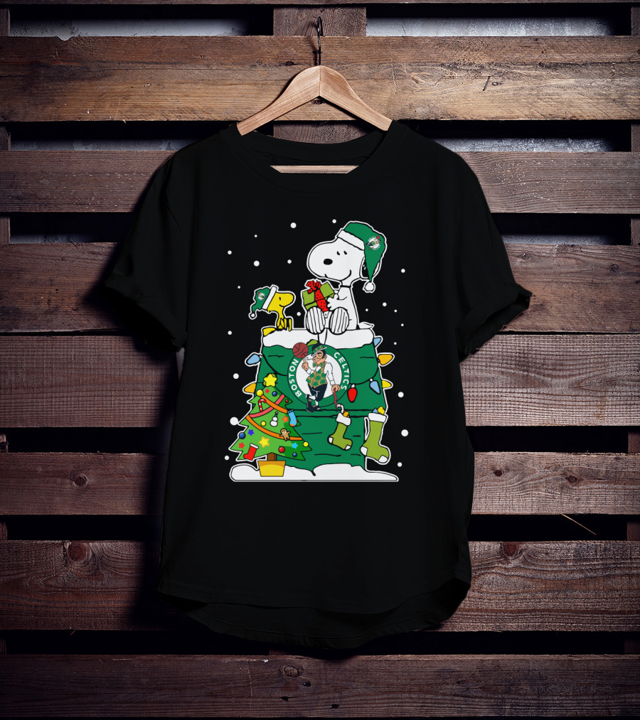 Boston Celtics Christmas Tree Snoopy And Woodstock Fan Favorite T-Shirt