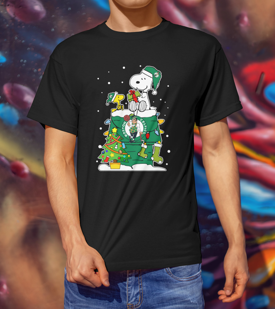 Boston Celtics Christmas Tree Snoopy And Woodstock Fan Favorite T-Shirt