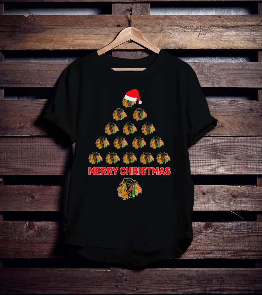 Merry Christmas Chicago Blackhawks Tree With Santa Hat Logo T-Shirt