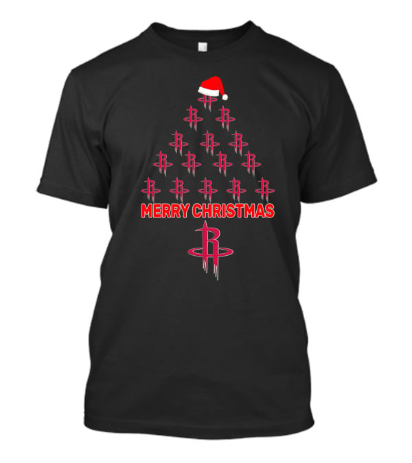 Merry Christmas Tree For Houston Rockets Fans With Santa Hat T-Shirt
