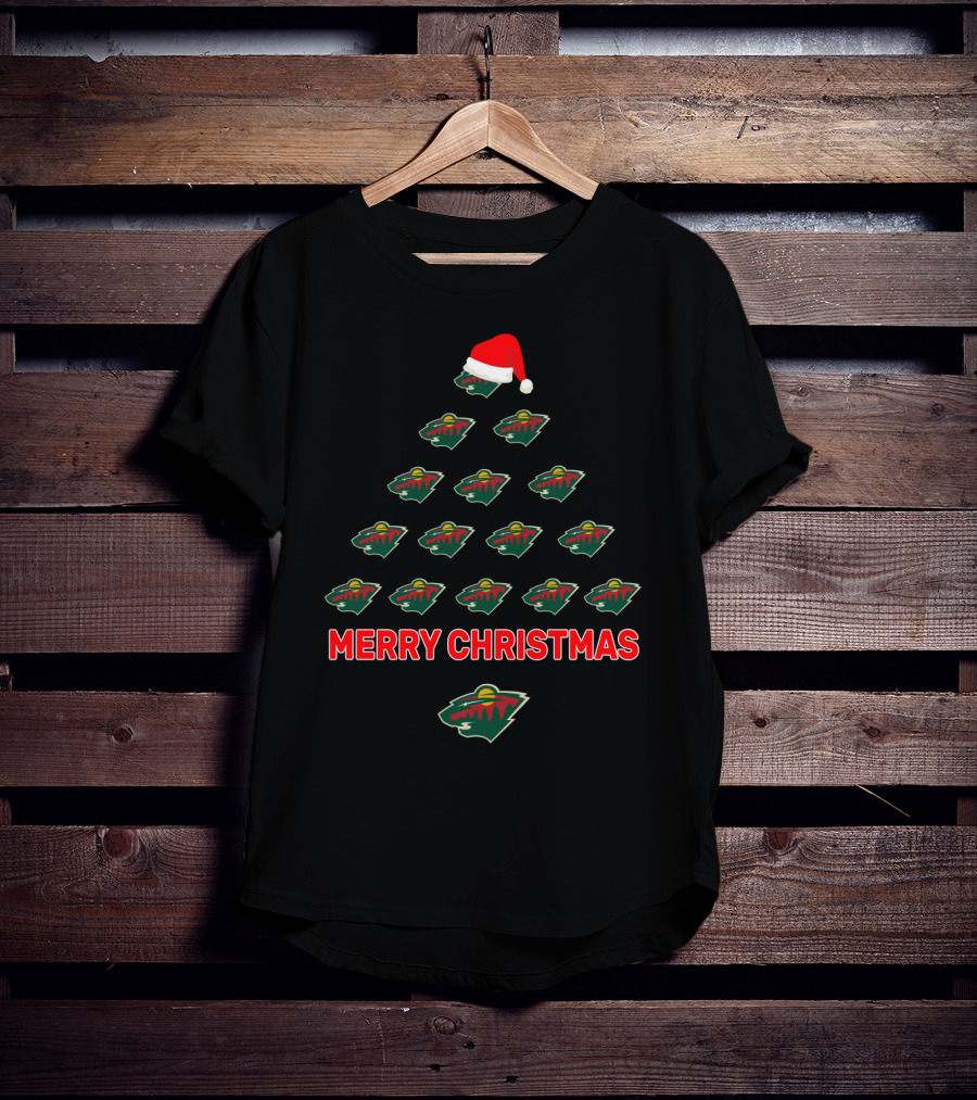 Minnesota Wild Merry Christmas Tree Design With Team Logos And Santa Hat T-Shirt
