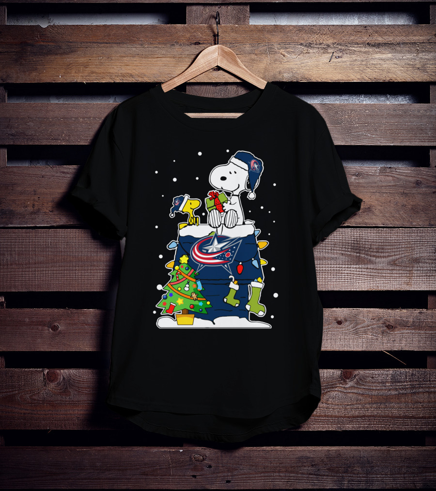 Columbus Blue Jackets Christmas Snoopy And Woodstock Fans Hockey T-Shirt