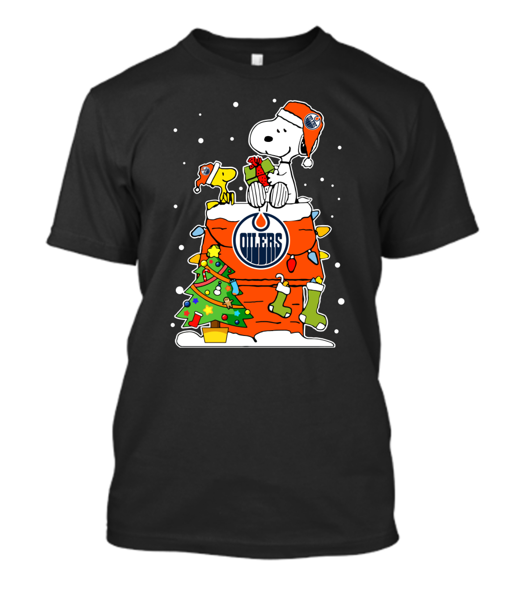 Snoopy And Woodstock Celebrate Edmonton Oilers Christmas With Gifts And Lights T-Shirt
