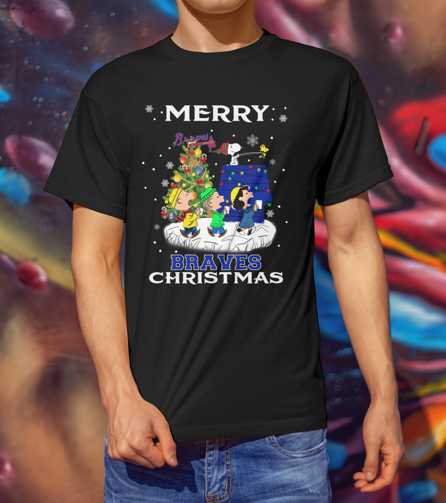 Merry Braves Christmas Featuring Snoopy And Peanuts Characters With Atlanta Braves T-Shirt