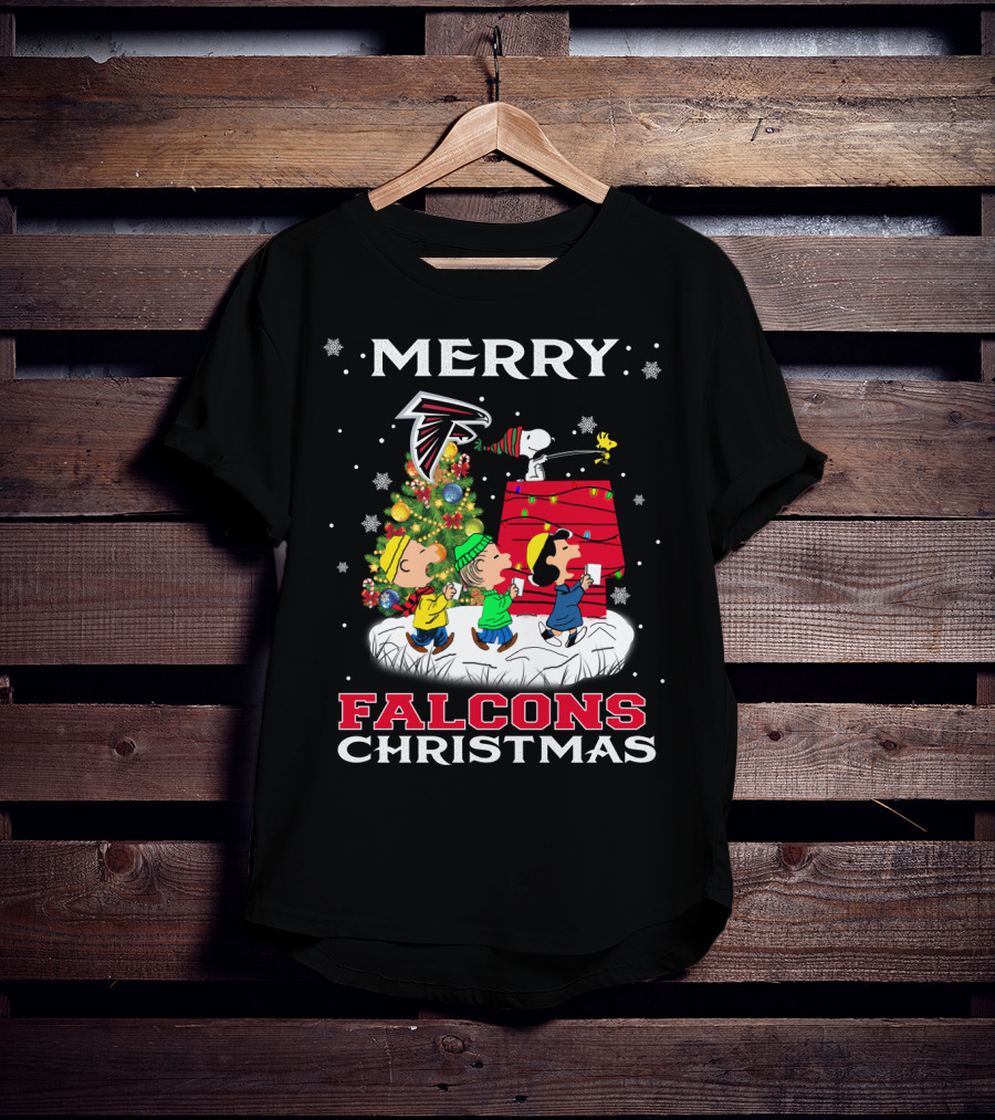 Merry Atlanta Falcons Christmas With Snoopy And Peanuts Characters T-Shirt