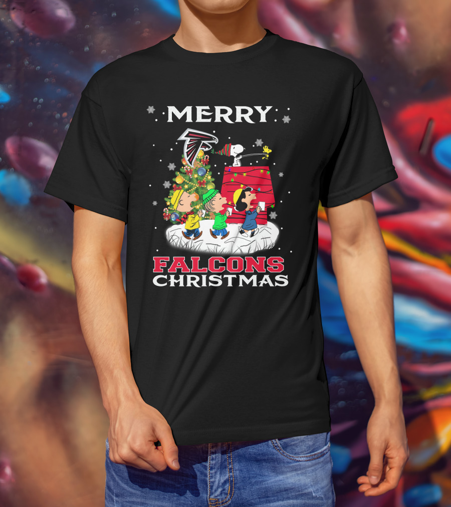 Merry Atlanta Falcons Christmas With Snoopy And Peanuts Characters T-Shirt
