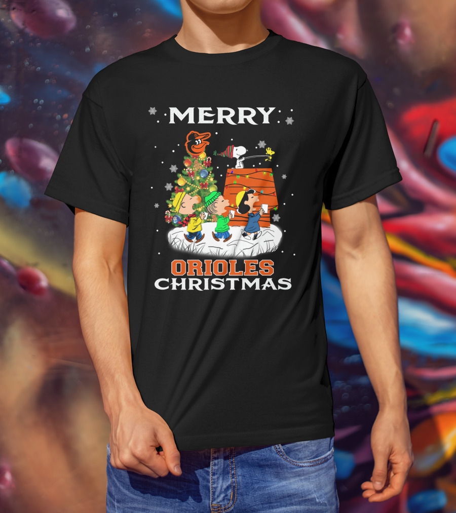 Merry Orioles Christmas Featuring Snoopy And Friends With Baltimore Logo And Festive Tree T-Shirt