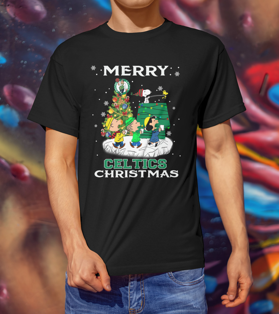 Merry Celtics Christmas Featuring Snoopy And Peanuts Gang T-Shirt