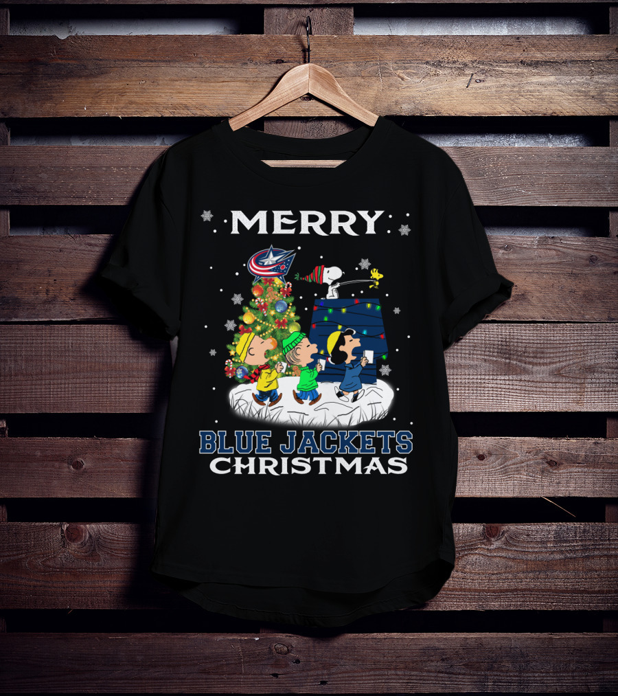 Merry Columbus Blue Jackets Christmas Snoopy And Peanuts Characters With Tree T-Shirt