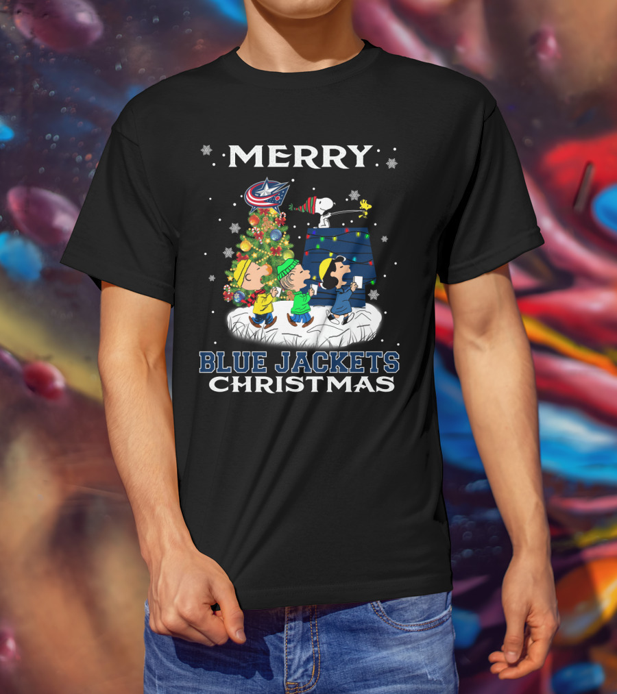 Merry Columbus Blue Jackets Christmas Snoopy And Peanuts Characters With Tree T-Shirt