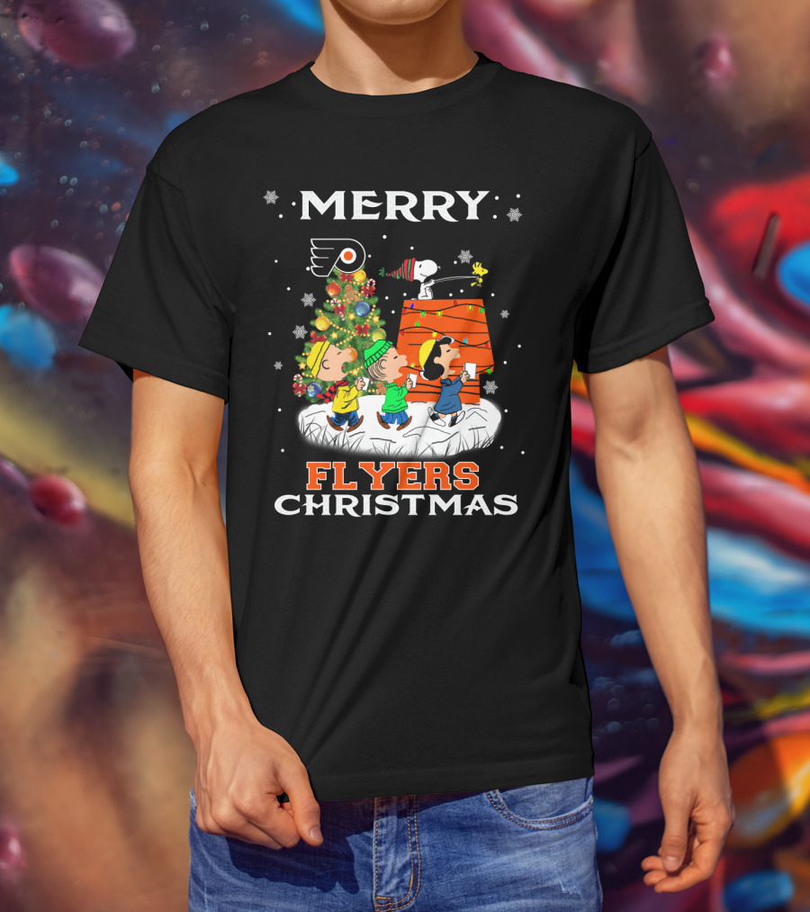 Merry Philadelphia Flyers Christmas Snoopy Peanuts Holiday Celebration Tree Woodstock T-Shirt