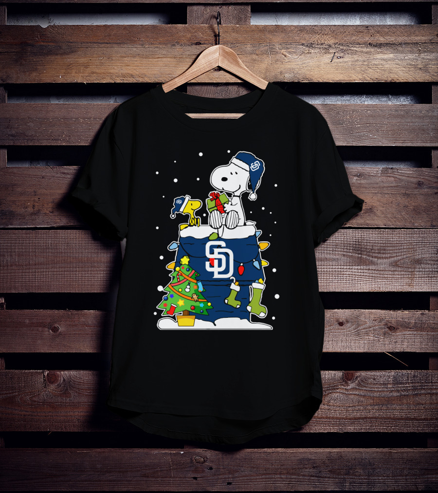 San Diego Padres Snoopy And Woodstock Christmas Scene With Gifts And Tree T-Shirt