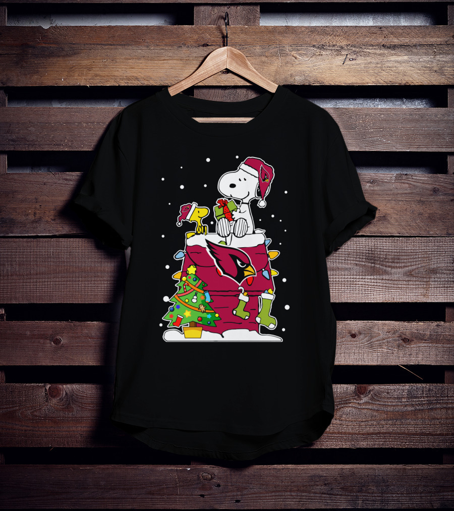 Arizona Cardinals Snoopy Christmas Celebration With Woodstock And Santa Hat T-Shirt