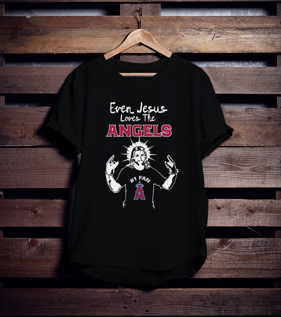 Even Jesus Loves The Los Angeles Angels #1 Fan With Halo And Hand Gestures T-Shirt
