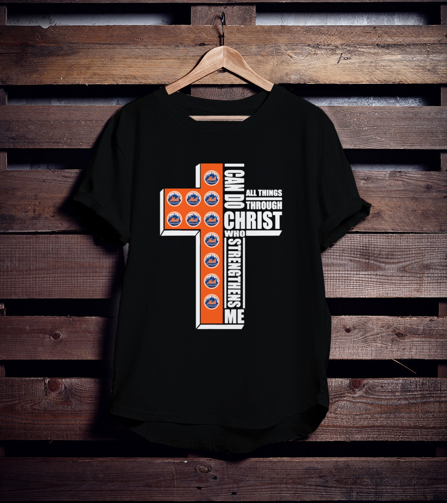 New York Mets I Can Do All Things Through Christ Who Strengthens Me Logos Cross T-Shirt