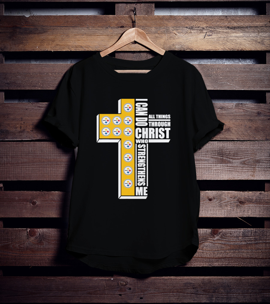 Steelers I Can Do All Things Through Christ Who Strengthens Me Cross Football Logos T-Shirt