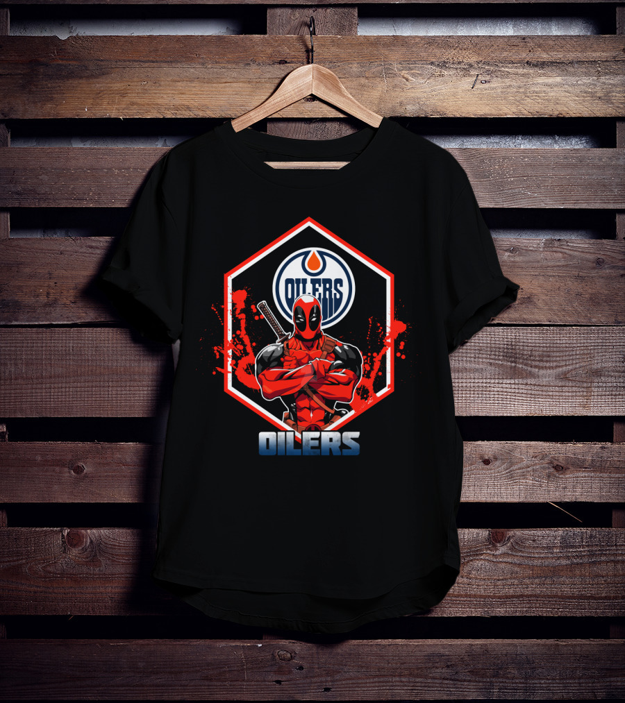 Deadpool Edmonton Oilers Fans Logo Crossover T-Shirt