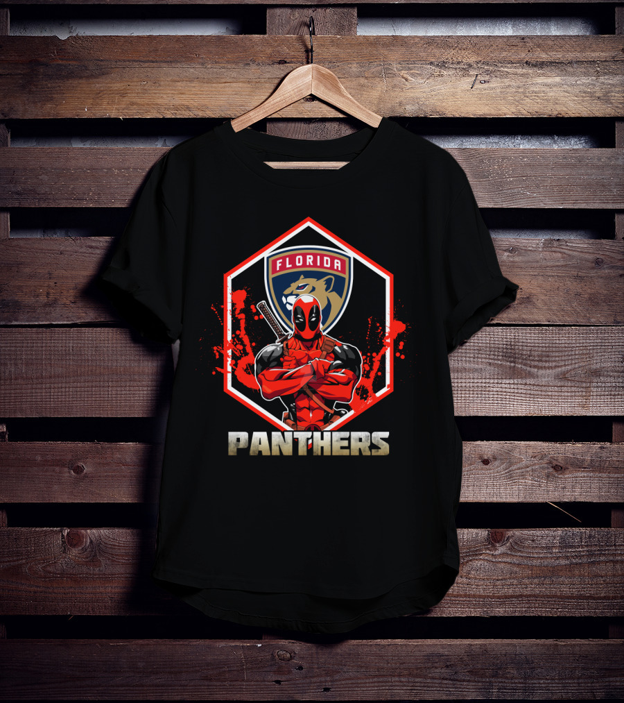 Deadpool Florida Panthers Crossover Featuring Iconic Character And NHL T-Shirt