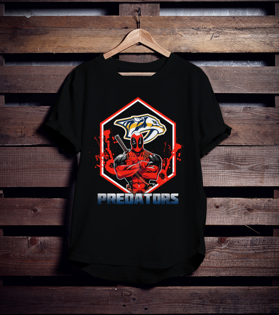 Deadpool Crossing Arms In Front Of Nashville Predators Logo With Red Splatter Background T-Shirt