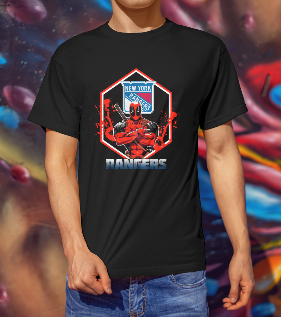 Deadpool Posing With New York Rangers Hockey Logo And Ranger Text Combination T-Shirt