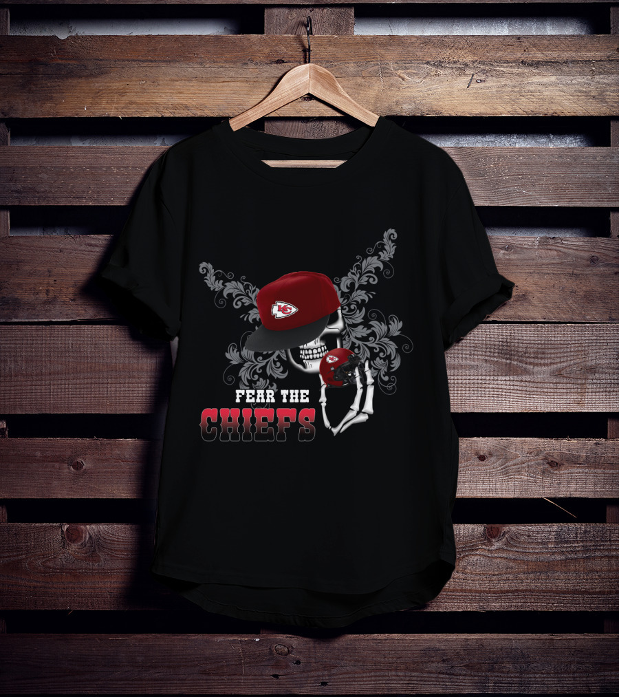 Fear The Chiefs Skull With Kansas City Helmet And Cap T-Shirt