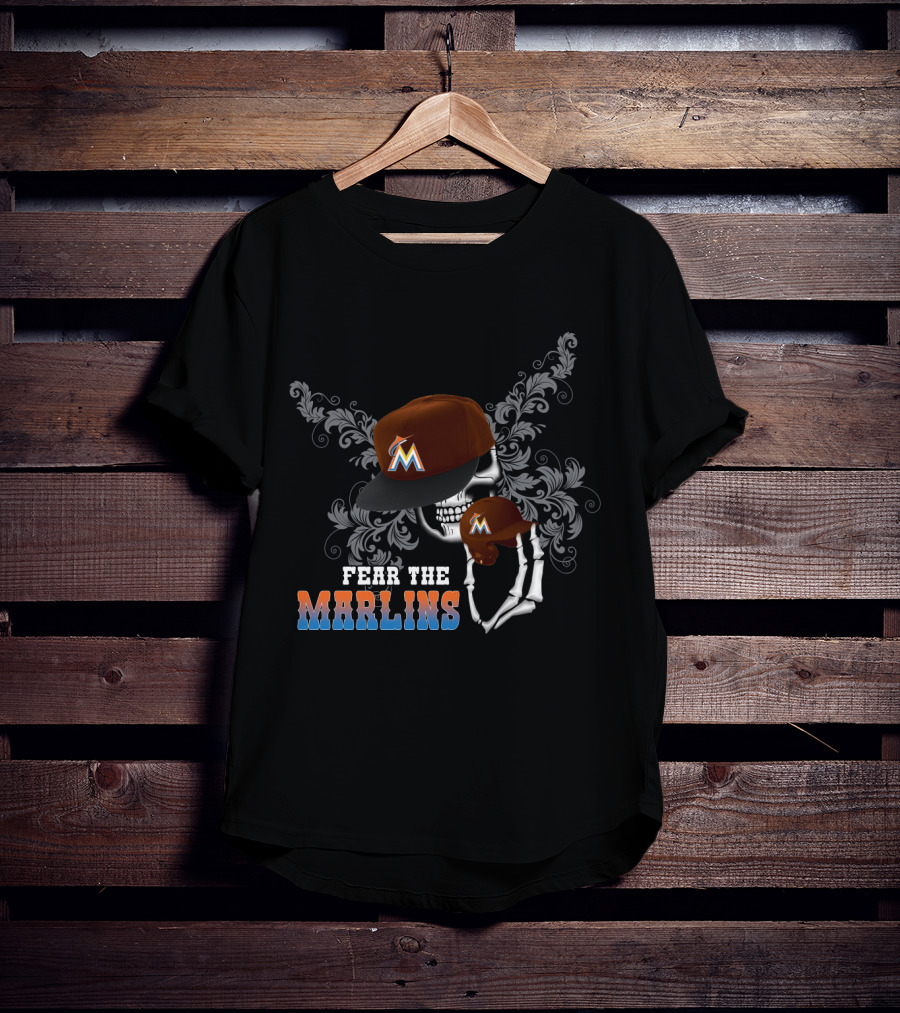 Fear The Marlins Skull With Miami Cap And Skeleton Hand T-Shirt