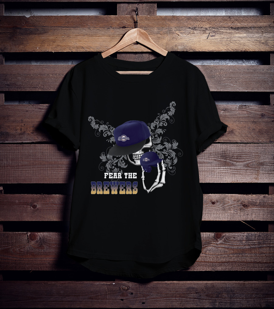 Skull And Floral Design With Blue Cap And Baseball: Fear The Brewers T-Shirt